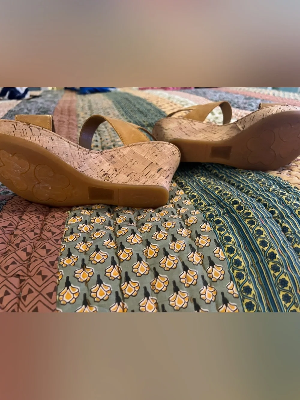 BORN Tan Cognac Leather Cork Wedge Sandals Ankle Strap Women’s 9M, NWOT
